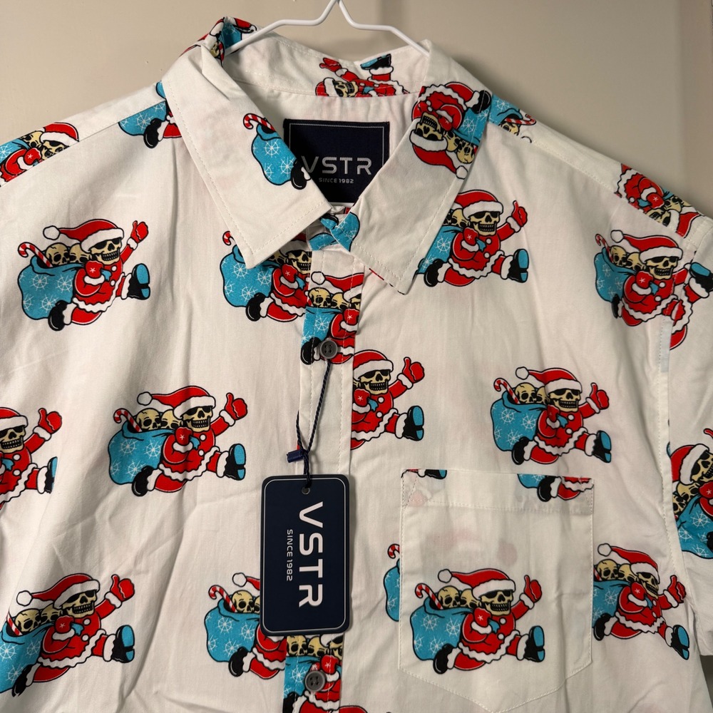 VSTR Mens Christmas Skeleton Santa Skull Print Cotton Button Down Shirt White L